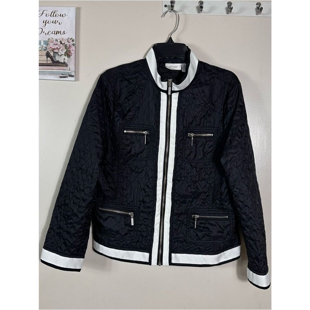 Chico's Black Quilted Jacket with White Trim